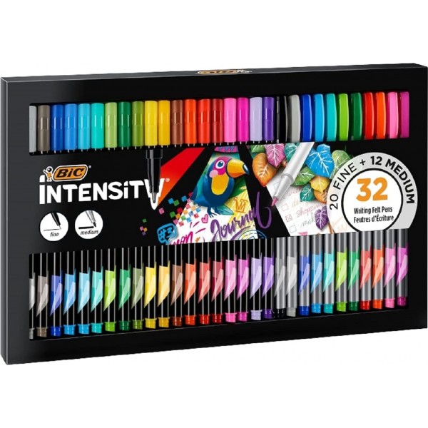 BIC Intensity Fineliner, 펠트 펜 세트, 32개의 펜 및 만다라 및 펠트 펜, 성인 및 어린이용 그림용, 24가지 세척 가능한 색상, 안정된 팁 포함, 펠트 펜이 있는 골판지 케이스 