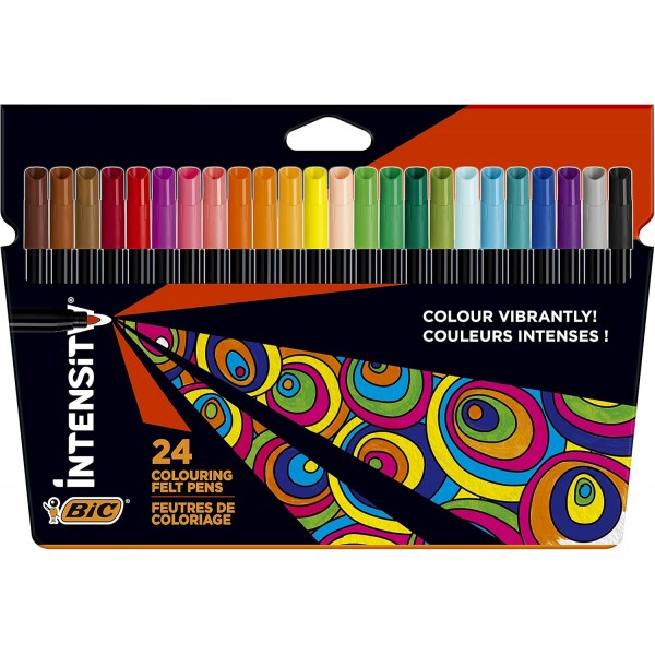 BIC Intensity Fineliner, 펠트 펜 세트, 32개의 펜 및 만다라 및 펠트 펜, 성인 및 어린이용 그림용, 24가지 세척 가능한 색상, 안정된 팁 포함, 펠트 펜이 있는 골판지 케이스 