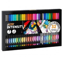 BIC Intensity Fineliner, 펠트 펜 세트, 32개의 펜 및 만다라 및 펠트 펜, 성인 및 어린이용 그림용, 24가지 세척 가능한 색상, 안정된 팁 포함, 펠트 펜이 있는 골판지 케이스 