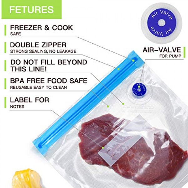 Anova 및 Joule Cookers용 Sous Vide 가방 키트 - 전기 펌프, 2개의 밀봉 클립 및 6개의 Sous Vide 클립이 포함된 재사용 가능한 진공 식품 보관 가방 40개 - Sous Vide 요리 및 식품 냉
