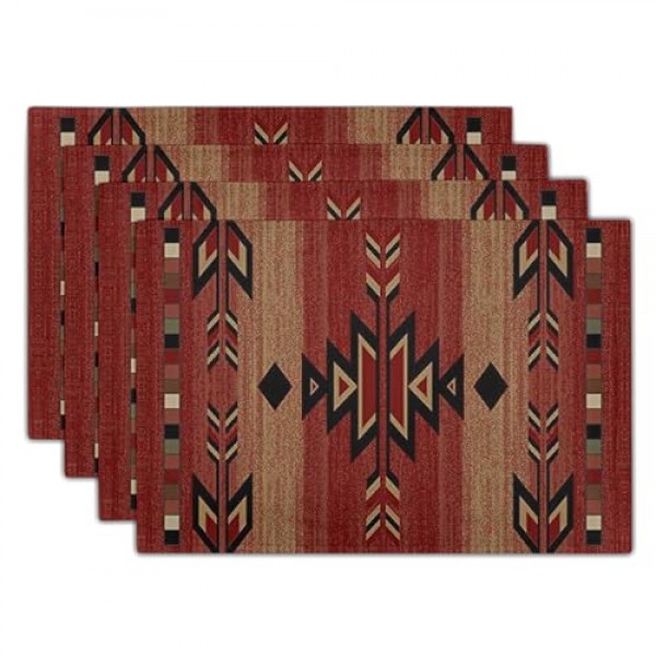 Giwawa 남서부 Placemats 4개의 녹슨 붉은 부족 기하학 장식 테이블 매트 세트 골동품 아메리카 원주민 내열성 빨 수 있는 장소 매트 12x18인치 식사용 주방 농가 장식