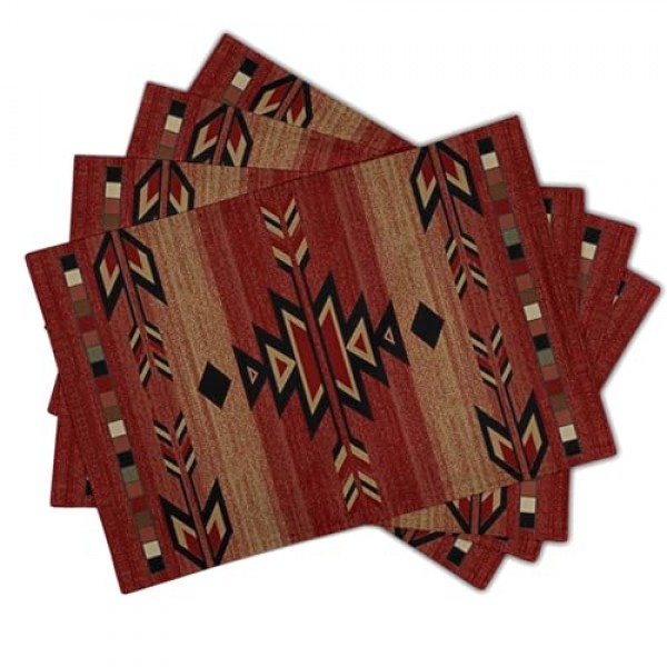 Giwawa 남서부 Placemats 4개의 녹슨 붉은 부족 기하학 장식 테이블 매트 세트 골동품 아메리카 원주민 내열성 빨 수 있는 장소 매트 12x18인치 식사용 주방 농가 장식