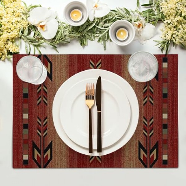Giwawa 남서부 Placemats 4개의 녹슨 붉은 부족 기하학 장식 테이블 매트 세트 골동품 아메리카 원주민 내열성 빨 수 있는 장소 매트 12x18인치 식사용 주방 농가 장식