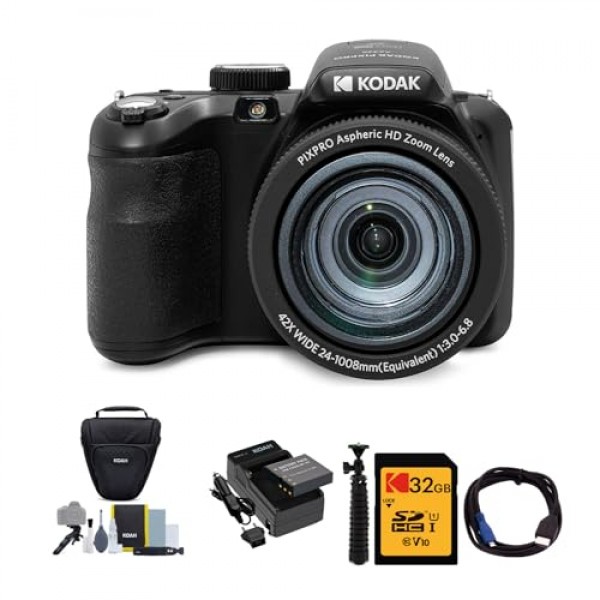 KODAK PIXPRO AZ425 Astro Zoom 20MP 디지털 카메라(블랙) 번들, 32GB SD 카드, 홀스터 케이스 및 액세서리 키트, 배터리 및 충전기 키트, 케이블, 삼각대(6개 품목)