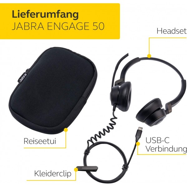 Jabra Engage 50 온이어 스테레오 헤드셋 - Microsoft 인증 디지털 유선 헤드폰 - 소프트폰 및 웹 클라이언트용 패시브 소음 제거 - USB-C 케이블 - 블랙