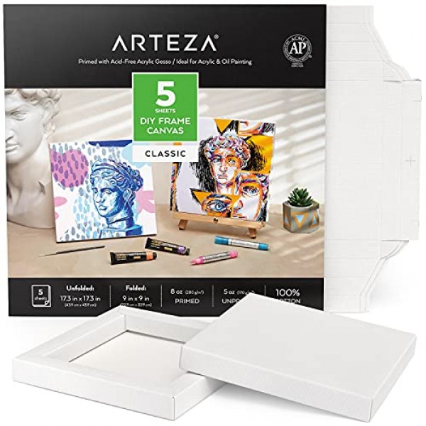 그림용 Arteza DIY 프레임 캔버스, 5장, 9 x 9인치 - 접힘, 100% 면, 8온스 프라임 처리된 정사각형 흰색 캔버스, 아크릴 및 유화 및 드로잉용 미술 용품