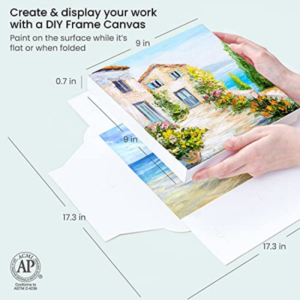 그림용 Arteza DIY 프레임 캔버스, 5장, 9 x 9인치 - 접힘, 100% 면, 8온스 프라임 처리된 정사각형 흰색 캔버스, 아크릴 및 유화 및 드로잉용 미술 용품