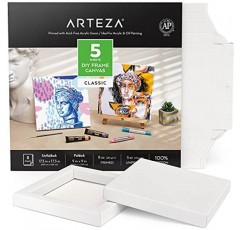 그림용 Arteza DIY 프레임 캔버스, 5장, 9 x 9인치 - 접힘, 100% 면, 8온스 프라임 처리된 정사각형 흰색 캔버스, 아크릴 및 유화 및 드로잉용 미술 용품