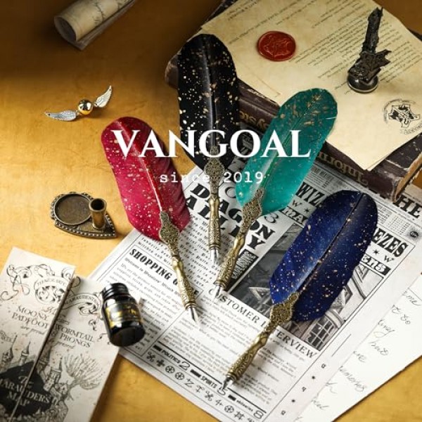 VANGOAL 레트로 조각 깃털 펜 세트, 반짝이는 퀼 펜 세트 잉크가 포함된 골동품 서예 쓰기 딥 펜, 2개의 교체 펜촉, 펜 스탠드 베이스, 럭셔리 빈티지 시그니처 펜(검은색)