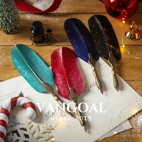 VANGOAL 레트로 조각 깃털 펜 세트, 반짝이는 퀼 펜 세트 잉크가 포함된 골동품 서예 쓰기 딥 펜, 2개의 교체 펜촉, 펜 스탠드 베이스, 럭셔리 빈티지 시그니처 펜(검은색)