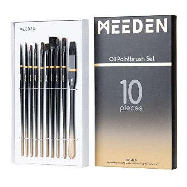MEEDEN 전문 페인트 브러쉬 세트, 오일, 아크릴, 수채화 페인팅, 라이너, 필버트, 라운드, 팬, 플랫, 박스가 있는 셰이더의 호그 브리슬 오일 페인트 브러쉬용 긴 핸들 아