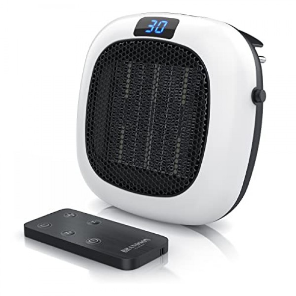 Brandson - 원격 제어 기능이 있는 소켓 팬 히터, 700W, 온도 조절 장치가 있는 연속 온도 제어 15~30°C, 타이머 1~12시간, 과열 방지, 온도 조절 장치를 사용한 난방 - 저소음 -
