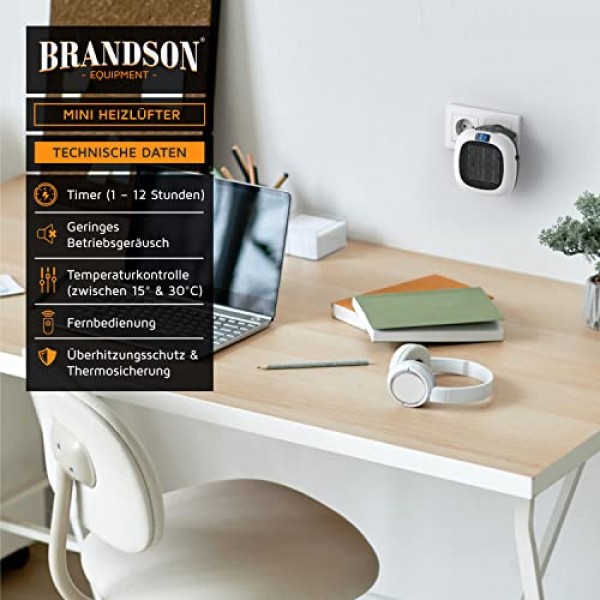 Brandson - 원격 제어 기능이 있는 소켓 팬 히터, 700W, 온도 조절 장치가 있는 연속 온도 제어 15~30°C, 타이머 1~12시간, 과열 방지, 온도 조절 장치를 사용한 난방 - 저소음 -