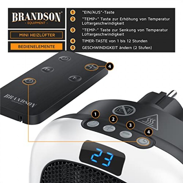 Brandson - 원격 제어 기능이 있는 소켓 팬 히터, 700W, 온도 조절 장치가 있는 연속 온도 제어 15~30°C, 타이머 1~12시간, 과열 방지, 온도 조절 장치를 사용한 난방 - 저소음 -