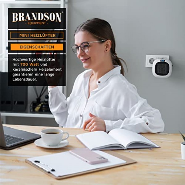 Brandson - 원격 제어 기능이 있는 소켓 팬 히터, 700W, 온도 조절 장치가 있는 연속 온도 제어 15~30°C, 타이머 1~12시간, 과열 방지, 온도 조절 장치를 사용한 난방 - 저소음 -