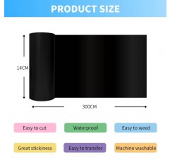 Bocguy Smart iron on Cri-cut Joy, 14cm300cm 플로터 호일 섬유, 열전달 비닐, 의류용 플렉스 호일 롤 철호일, 티셔츠 및 기타 직물, DIY 패턴 검정 14x300cm