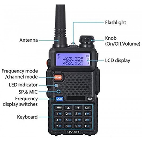 Baofeng UV-5R 양방향 라디오 듀얼 밴드 144-148/420-450Mhz 워키토키 1800mAh 리튬 이온 배터리(검은색)