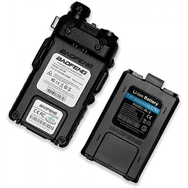 Baofeng UV-5R 양방향 라디오 듀얼 밴드 144-148/420-450Mhz 워키토키 1800mAh 리튬 이온 배터리(검은색)