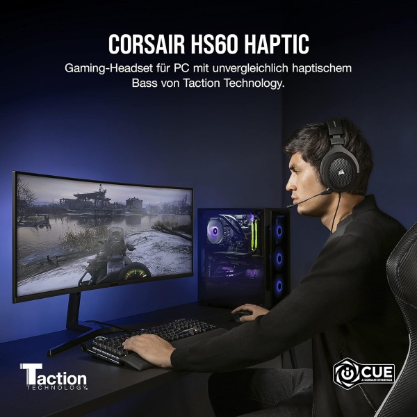 Corsair HS60 HAPTIC 스테레오 게임용 헤드셋 및 햅틱 베이스(택션 기술로 구동되는 햅틱 베이스, 메모리 폼 이어컵, 50mm 튜닝 네오디뮴 스피커 드라이버) Carbon HS60 HAPTIC 블