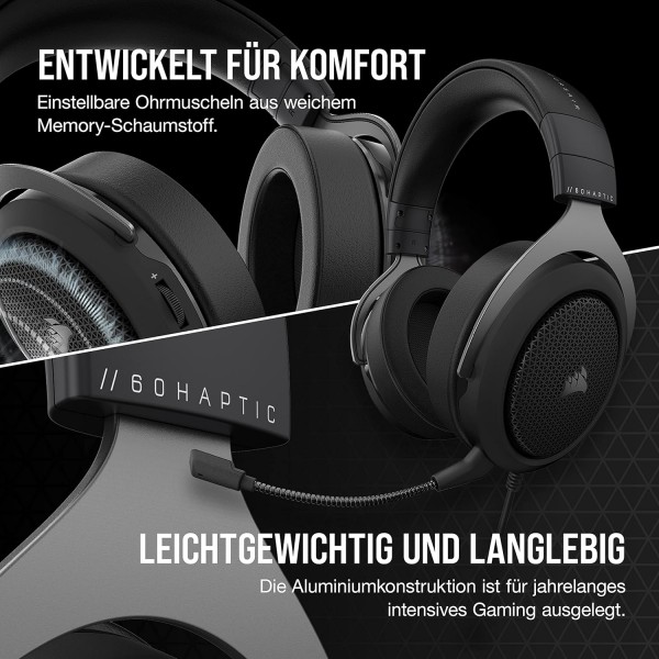 Corsair HS60 HAPTIC 스테레오 게임용 헤드셋 및 햅틱 베이스(택션 기술로 구동되는 햅틱 베이스, 메모리 폼 이어컵, 50mm 튜닝 네오디뮴 스피커 드라이버) Carbon HS60 HAPTIC 블