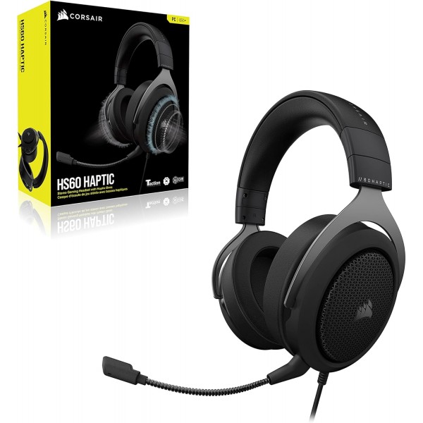 Corsair HS60 HAPTIC 스테레오 게임용 헤드셋 및 햅틱 베이스(택션 기술로 구동되는 햅틱 베이스, 메모리 폼 이어컵, 50mm 튜닝 네오디뮴 스피커 드라이버) Carbon HS60 HAPTIC 블