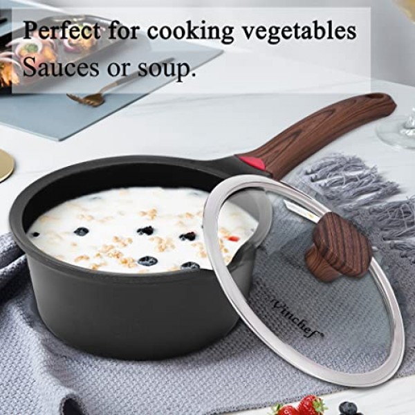 Vinchef 2qt 뚜껑이 있는 붙지 않는 소스 팬, 작은 우유 냄비 팬 독일 3C+ 세라믹 강화 코팅, 스테이 쿨 손잡이가 있는 소스팬, 모든 스토브 상단과 호환 가능