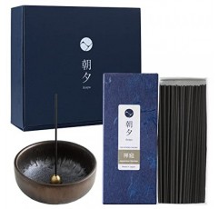 Asayu 일본 저연 향 선물 세트(향 홀더 및 황동 스탠드 포함), 일본 선 가든 블렌드 향 스틱(선 세라믹 향 홀더 포함)