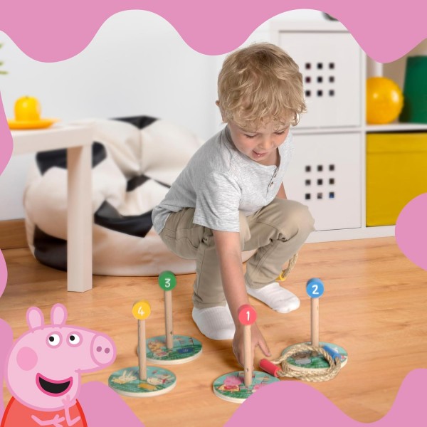 Peppa Pig Ring Toss Game – 끝없는 실내 및 실외 재미 – 조정 및 숫자 기술 개발 – 4개의 링 및 4개의 나무 캐릭터 표적 포함 – 3년 이상 FSC 인증