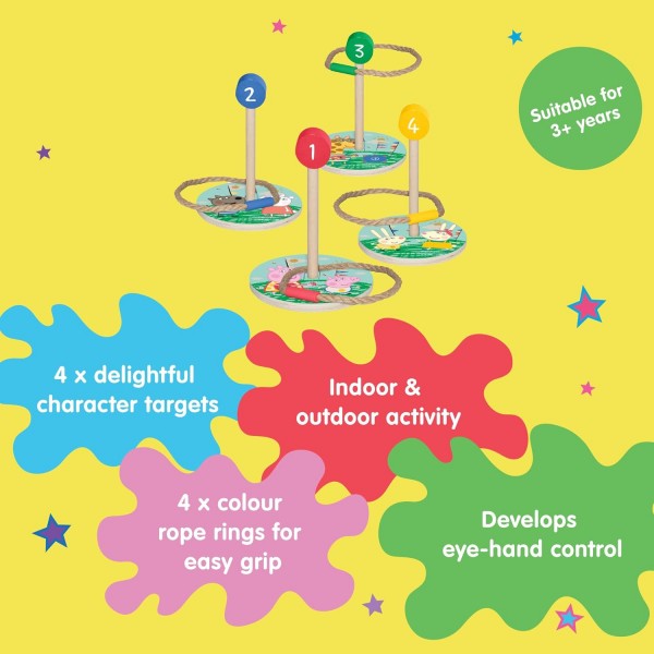 Peppa Pig Ring Toss Game – 끝없는 실내 및 실외 재미 – 조정 및 숫자 기술 개발 – 4개의 링 및 4개의 나무 캐릭터 표적 포함 – 3년 이상 FSC 인증