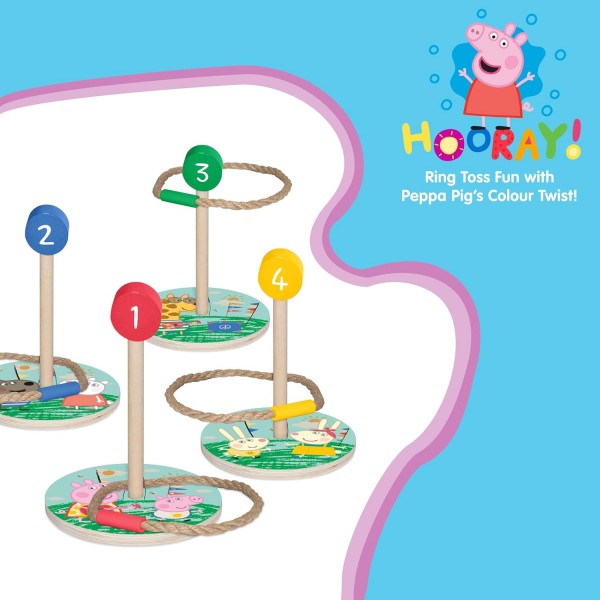 Peppa Pig Ring Toss Game – 끝없는 실내 및 실외 재미 – 조정 및 숫자 기술 개발 – 4개의 링 및 4개의 나무 캐릭터 표적 포함 – 3년 이상 FSC 인증