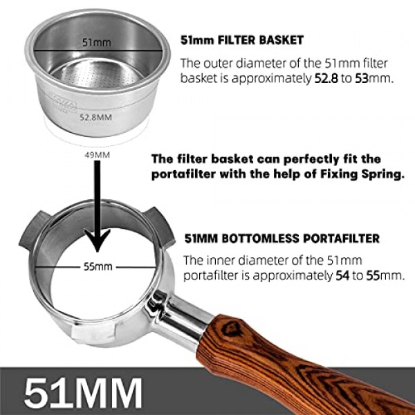 NEOUZA 51mm 스테인레스 스틸 필터 바구니 1/2/4 컵 에스프레소 밑면 포터필터, Delonghi,Yabano,Breville 51mm 커피 머신과 호환 가능. 선물: 블라인드 필터 및 스쿠프 클립