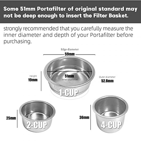 NEOUZA 51mm 스테인레스 스틸 필터 바구니 1/2/4 컵 에스프레소 밑면 포터필터, Delonghi,Yabano,Breville 51mm 커피 머신과 호환 가능. 선물: 블라인드 필터 및 스쿠프 클립