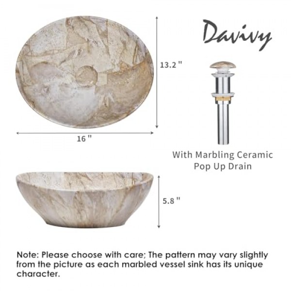 Davivy 16'' X 13'' 팝업 배수구가 있는 북유럽 마블링 타원형 용기 싱크대, 세라믹 용기 싱크대, 카운터 위 욕실 싱크대, 욕실 용기 싱크대, 카운터 탑 싱크대, 욕실용 타원