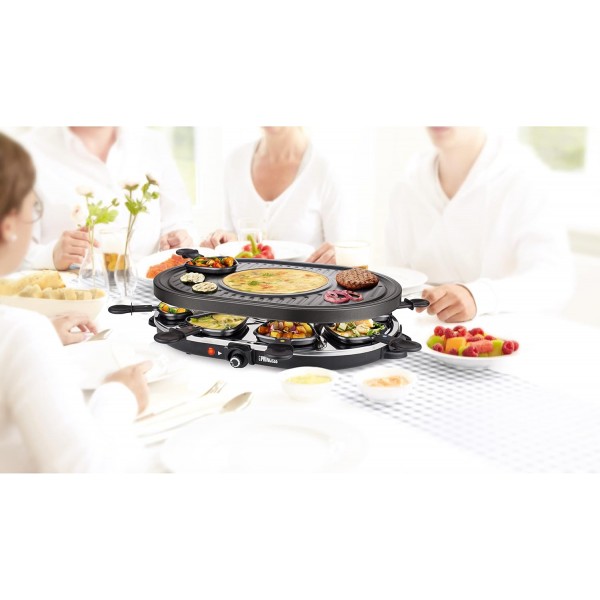 Princess Raclette Grill - 타원형, 팬 8개, 크레페 영역이 있는 다기능 접시, 1200와트, 42 x 30cm, 162700