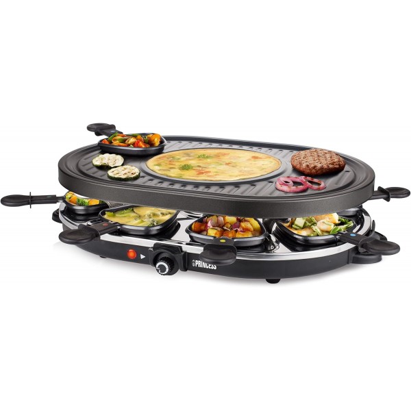 Princess Raclette Grill - 타원형, 팬 8개, 크레페 영역이 있는 다기능 접시, 1200와트, 42 x 30cm, 162700