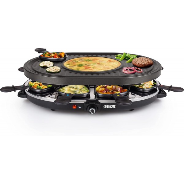 Princess Raclette Grill - 타원형, 팬 8개, 크레페 영역이 있는 다기능 접시, 1200와트, 42 x 30cm, 162700