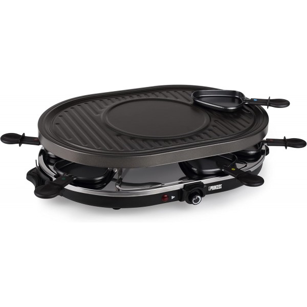 Princess Raclette Grill - 타원형, 팬 8개, 크레페 영역이 있는 다기능 접시, 1200와트, 42 x 30cm, 162700
