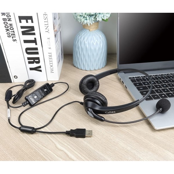 마이크가 있는 USB 헤드셋, 마이크 암 및 인라인 컨트롤이 있는 모노 PC 헤드셋, 노트북용 소음 제거 PC 헤드폰 홈 오피스 팀 회의 Skype Zoom Windows, Super Clear Chat(검은색)