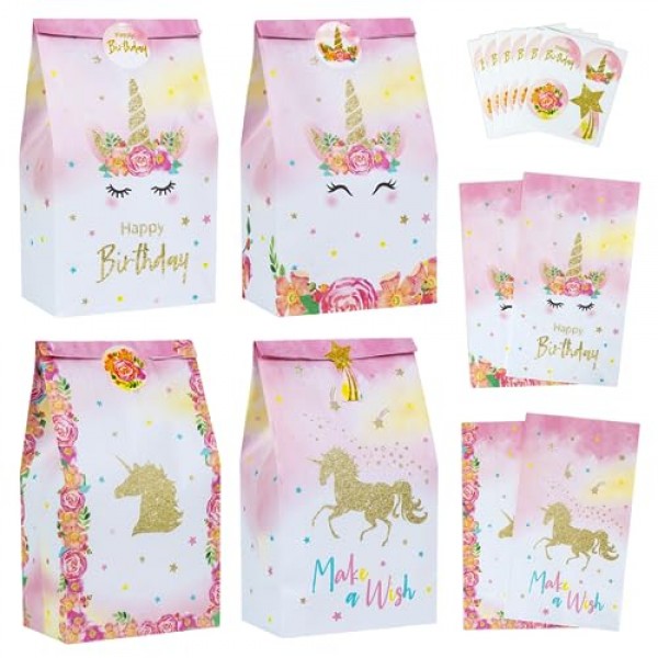 DECORLIFE 24PCS 유니콘 파티 호의 가방, 소녀 생일 파티를 위한 유니콘 케이크 가방, 소녀, 어린이, 소년, 스티커 포함, 4가지 스타일에 적합