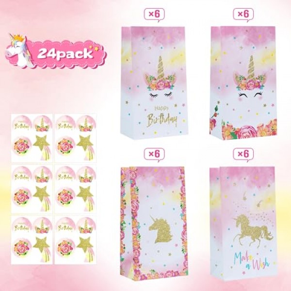 DECORLIFE 24PCS 유니콘 파티 호의 가방, 소녀 생일 파티를 위한 유니콘 케이크 가방, 소녀, 어린이, 소년, 스티커 포함, 4가지 스타일에 적합