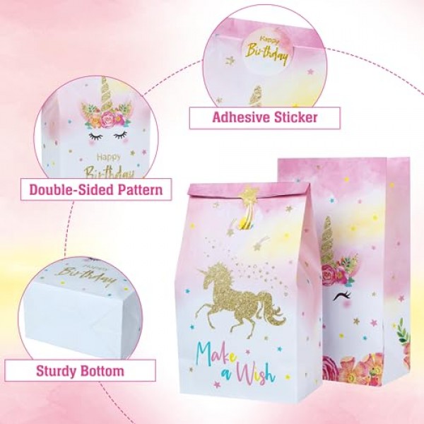 DECORLIFE 24PCS 유니콘 파티 호의 가방, 소녀 생일 파티를 위한 유니콘 케이크 가방, 소녀, 어린이, 소년, 스티커 포함, 4가지 스타일에 적합