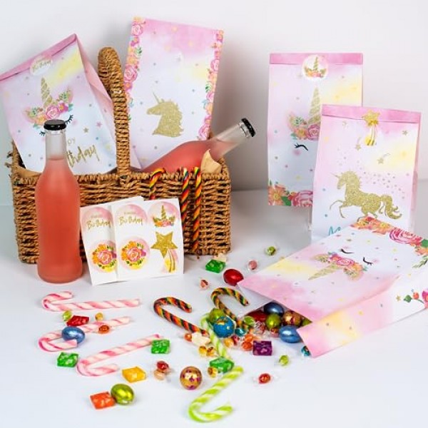 DECORLIFE 24PCS 유니콘 파티 호의 가방, 소녀 생일 파티를 위한 유니콘 케이크 가방, 소녀, 어린이, 소년, 스티커 포함, 4가지 스타일에 적합