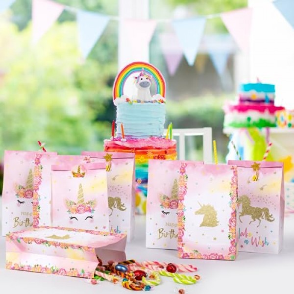 DECORLIFE 24PCS 유니콘 파티 호의 가방, 소녀 생일 파티를 위한 유니콘 케이크 가방, 소녀, 어린이, 소년, 스티커 포함, 4가지 스타일에 적합