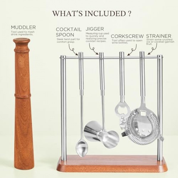 KITESSENSU Mixology 바텐더 키트 바 도구 세트 | Sapele 베이스가 포함된 5피스 바 카트 액세서리: 머들러, 지거, 바 스푼, 오프너, 스트레이너| 홈 바텐딩을 위한 빈티지 바 세