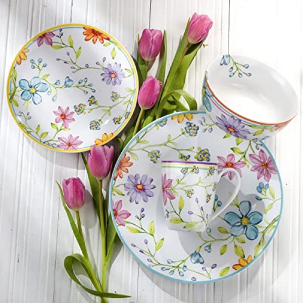 Euro Ceramica Charlotte Collection 석기, 16개 식기 세트, 4인용 서비스, 멀티컬러 화이트 핑크의 수채화 꽃무늬 디자인: 식기 세트