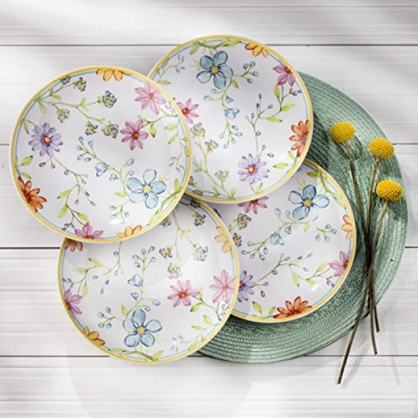 Euro Ceramica Charlotte Collection 석기, 16개 식기 세트, 4인용 서비스, 멀티컬러 화이트 핑크의 수채화 꽃무늬 디자인: 식기 세트