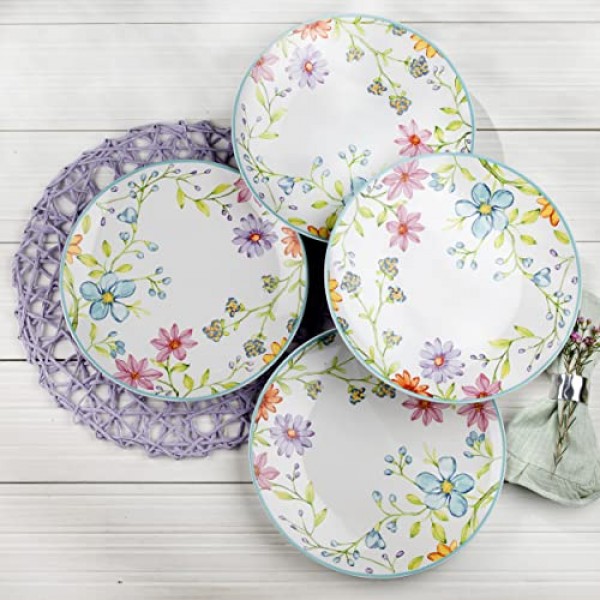 Euro Ceramica Charlotte Collection 석기, 16개 식기 세트, 4인용 서비스, 멀티컬러 화이트 핑크의 수채화 꽃무늬 디자인: 식기 세트
