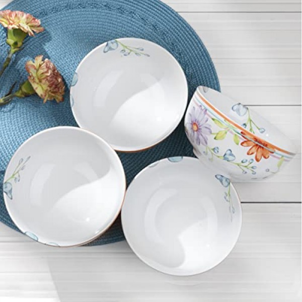 Euro Ceramica Charlotte Collection 석기, 16개 식기 세트, 4인용 서비스, 멀티컬러 화이트 핑크의 수채화 꽃무늬 디자인: 식기 세트