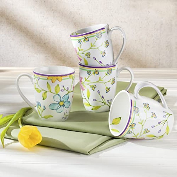 Euro Ceramica Charlotte Collection 석기, 16개 식기 세트, 4인용 서비스, 멀티컬러 화이트 핑크의 수채화 꽃무늬 디자인: 식기 세트