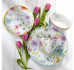 Euro Ceramica Charlotte Collection 석기, 16개 식기 세트, 4인용 서비스, 멀티컬러 화이트 핑크의 수채화 꽃무늬 디자인: 식기 세트